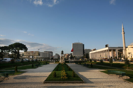 Skanderbeg Square and Opera Building in Tirana, Albania. Square is the main plaza of Tirana. Named in 1968 after the Albanian national hero Skanderbeg.