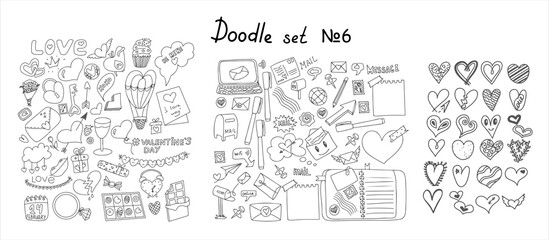 Big doodle set of icons for Valentine s day, mail doodles. Icons with paper envelopes, letters, email.. Vector illustration for the holiday on February 14. Hand draw set for romance, wedding, date