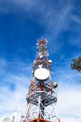 Telecommunication tower. Communication and connection. Wireless antene. Blue sky with clouds in background.