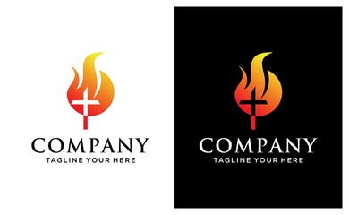 Modern Christianity cross in fire or flame symbol in negative space. on a black and white background.