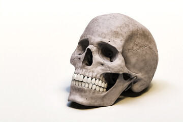 Obraz premium Anatomically accurate human skull isolated on white background with copy space 3D rendering illustration. Anatomy, medicine, biology, science concept.