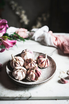 Cloves of garlic on table