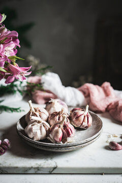 Cloves of garlic on table