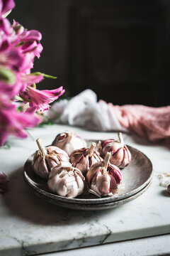 Cloves of garlic on table