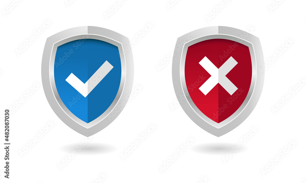 Poster vector illustration of shield with check mark and cross mark. suitable for design element of guarant