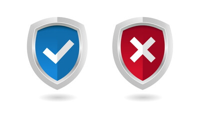 Vector illustration of shield with check mark and cross mark. Suitable for design element of guaranteed security and trusted safety. Blue and red realistic shield.