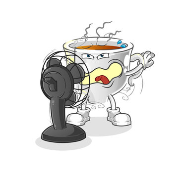 recommend clip art: tea cup in front of the fan character. cartoon mascot vector