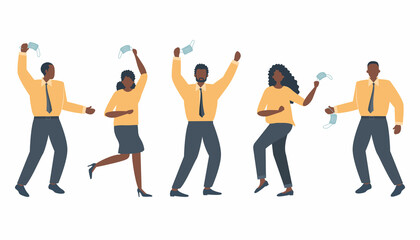 Obraz premium Pandemic end. Black people are dancing from happiness. Five adults take off their face mask and are excited. Vector illustration