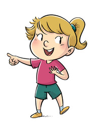 illustration of little girl pointing with her finger - obrazy, fototapety, plakaty