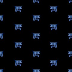 shopping cart seamless pattern, bright vector illustration on black background.
