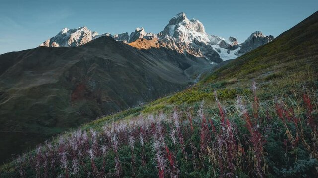 Fantastic view at the foot of Mt. Ushba. Location place Svaneti, Georgia, Europe.