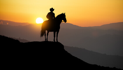 cowboy riding in the hills at sunset