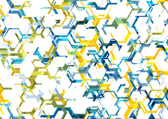 Abstract blue yellow tech hexagonal pattern background. Geometric vector design