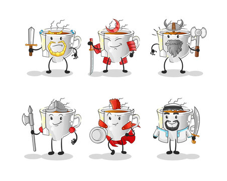 tea cup warrior group character. cartoon mascot vector