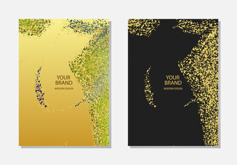 Set of unique bright colorful watercolor background, gold grunge texture with sparkles. Vertical templates are used as a decorative design element for a banner, cover, postcard and brochure.