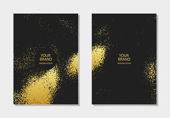 Festive set of black background, golden grunge texture with sparkles. Vertical templates are used as a decorative design element for a banner, cover, postcard and brochure.