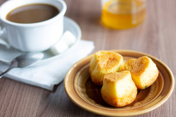 Closeup cup of coffee with cookies and honey food morning breakfast milk tasty baked drink beverage nobody delicious pastry sugar