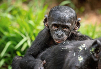 Bonobo Cub on the mother's back.  The Bonobo, Scientific name: Pan paniscus, earlier being called the pygmy chimpanzee. Democratic Republic of Congo. Africa