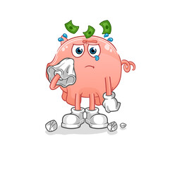 piggy bank cry with a tissue. cartoon mascot vector