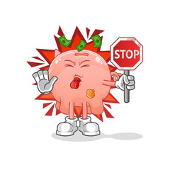 piggy bank holding stop sign. cartoon mascot vector