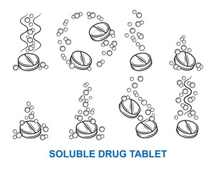 Effervescent soluble drug tablet, fizzy aspirin pill, vitamin C dissolve in water outline icon set. Medicament solution with air bubbles. Dose pain medication, antibiotic for treatment. Line vector - obrazy, fototapety, plakaty