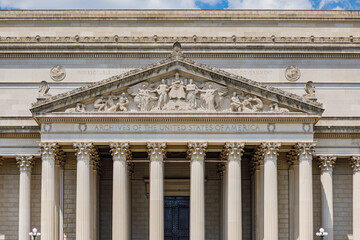 Exterior of the National Archives building located on the National Mall in Washington, DC. It is a...