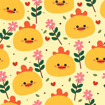Seamless pattern cute cartoon chicken and flowers. for kids wallpaper, fabric pattern, gift wrapping paper