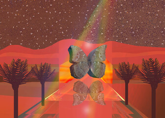 3D butterfly red mountains palm trees sky lights night
