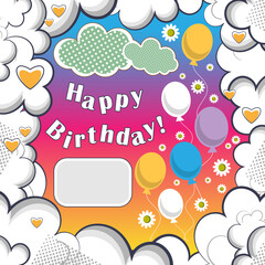 Greeting card - Happy Birthday! Frame made of clouds, colorful balloons, flowers, an inscription and an empty space for a name. Vector illustration