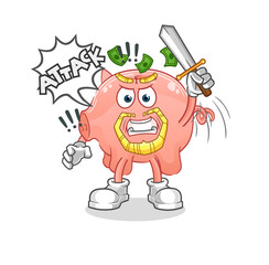 piggy bank knights attack with sword. cartoon mascot vector