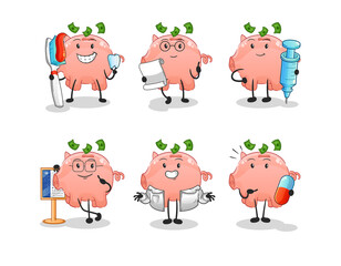 piggy bank doctor group character. cartoon mascot vector