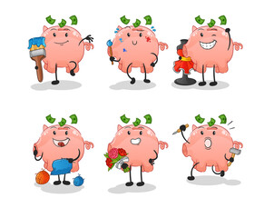 piggy bank artist group character. cartoon mascot vector