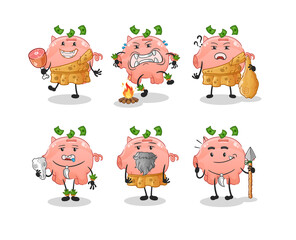 piggy bank primitive man group character. mascot vector