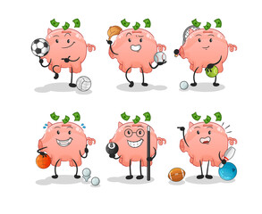 piggy bank sport set character. cartoon mascot vector