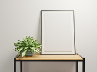 Minimalistic poster mockup black Framed on a shelf with a green plant industrial