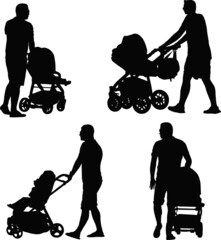 male with baby stroller, set of silhouettes - 482097000