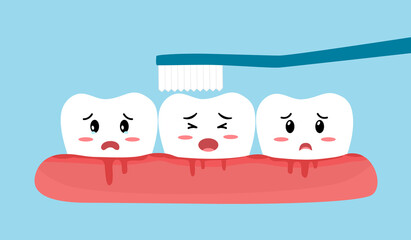 Brushing teeth with bleeding on gum cartoon vector illustration. Gingivitis. Periodontitis or gum disease concept. - obrazy, fototapety, plakaty