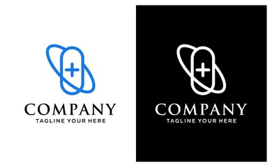 Capsule Plus vector logo template. Plus sign and capsule combination of healthcare and medical concept. on a black and white background.