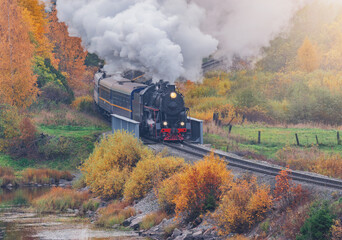 Naklejka premium Retro steam train moves along the lake at autumn morning. Karelia.