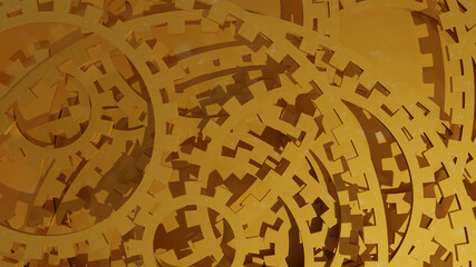Multiple gold gear layer with blur gold background (3D Rendering)