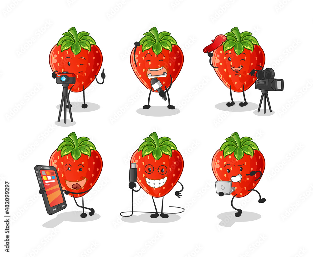 Sticker strawberry technology group character. cartoon mascot vector