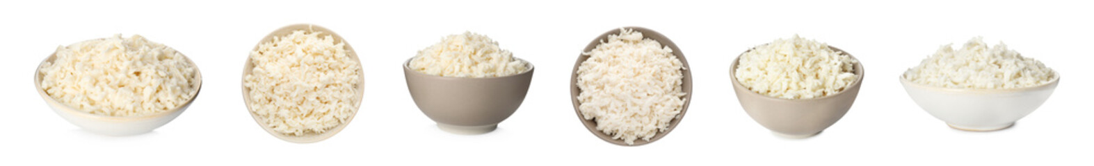 Set with delicious mozzarella cheese on white background. Banner design