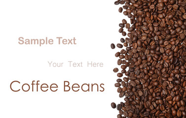 Many roasted coffee beans on white background, top view. Space for design