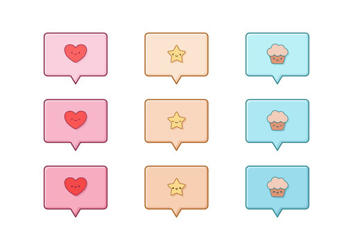 Urocze dymki komiksowe z emoji. Słodkie emotikony, piktogramy. Kolorowe bańki z małymi obrazkami - serce, gwiazdka i cupcake. Wektorowe elementy w stylu kawaii.