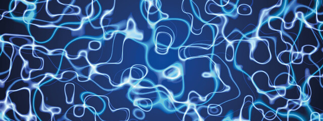 Neon blue background. Design of chaotic circles, glowing lines. Texture of sparkling lightning, space tunnel, energy flows. Artificial intelligence. Smoke rings. Poster for technology, medicine.
