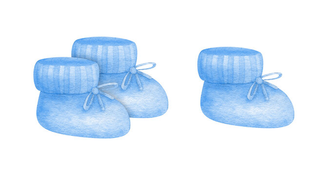 Baby booties in blue with a bow isolated on a white background. Cute infant clipart, knitted newborn baby shoes, gender reveal