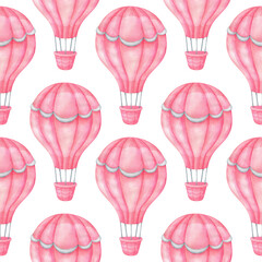 Pink air balloon. Seamless pattern with a watercolor balloon. Cute flying machine on a white background.  Children's print for fabric, textiles, paper