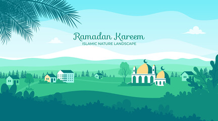Eid mubarak greeting card background with simple flat landscape design