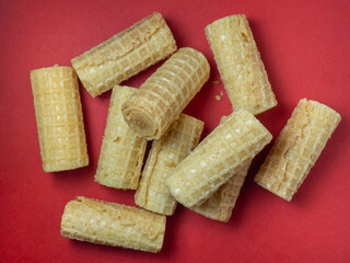 Wafer rolls. Confectionery. Cookies for tea. Variety of waffles. Product with stuffing inside.