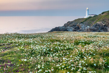 Trevose Head lighthouse,shining light at dusk, Cornwall,England,United Kingdom.